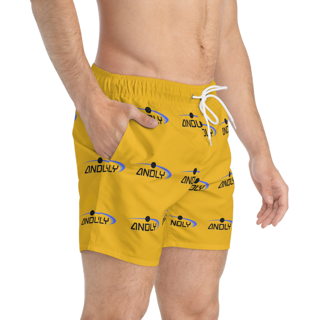 Yellow Logo Swim Trunks — All-Over Print Casual Beach Shorts